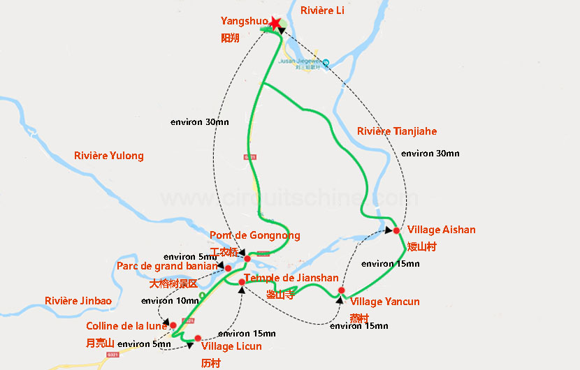  carte de balade à vélo de yangshuo, aishan et la colline de la lune