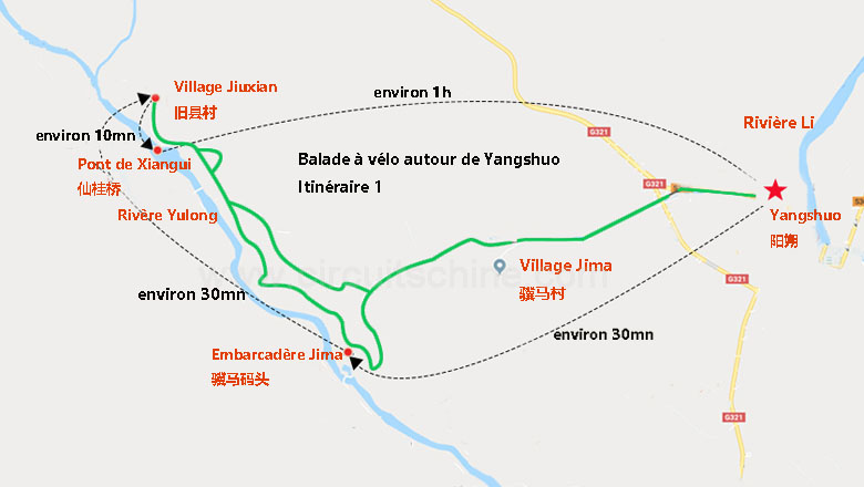 carte de l'itinéraire du vélo au bord de la rivière Yulong à Yangshuo